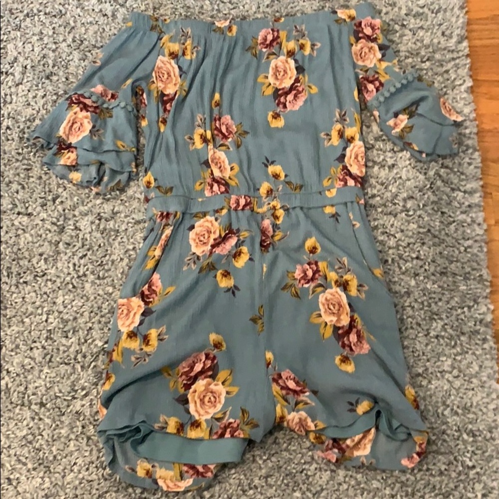 Blue floral off-the-shoulder romper